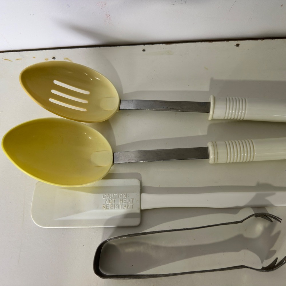 Vintage Kitchen Utensil Set Yellow Serving Spoons Spatula Tongs Stainless Steel